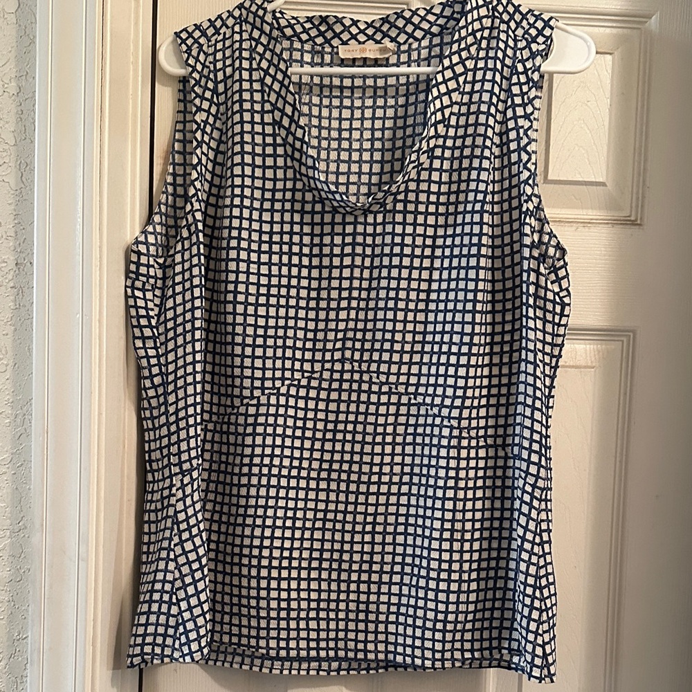 Tory Burch Blue and White Sleeveless Silk Blouse